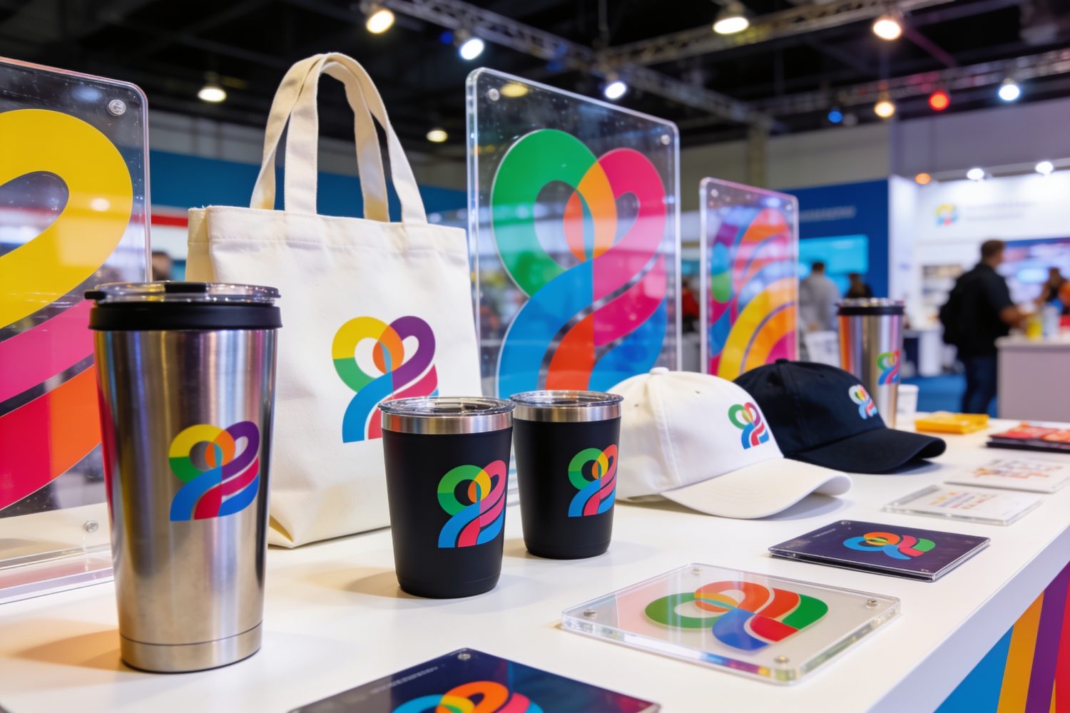 Trade show table with branded items