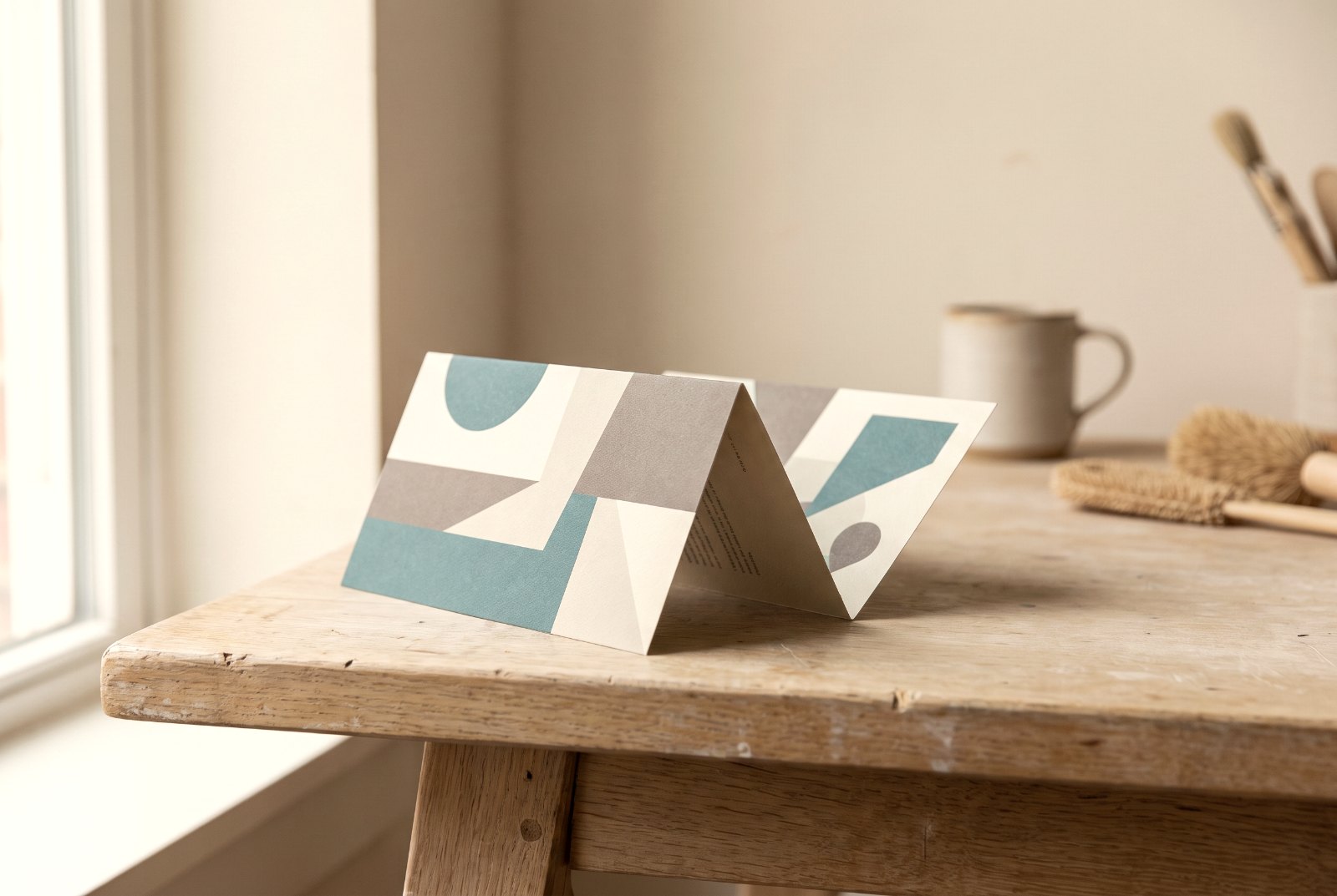 Tri-fold brochure standing open on a bench