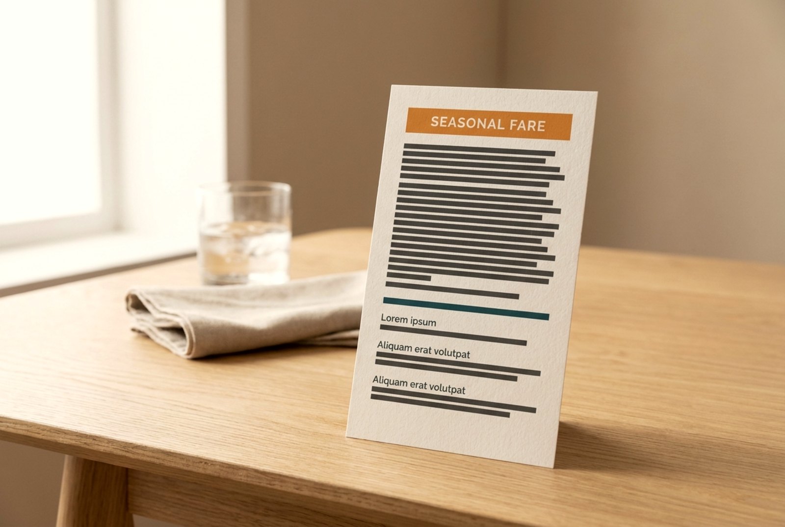 Laminated single-page menu card on a table