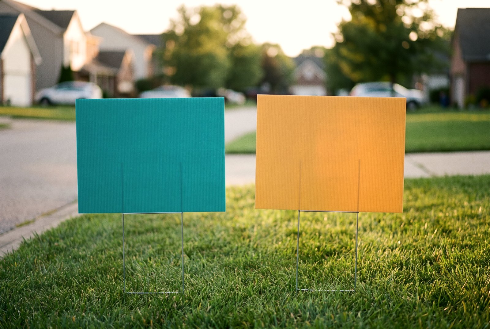 Two corrugated plastic yard signs on a grass verge