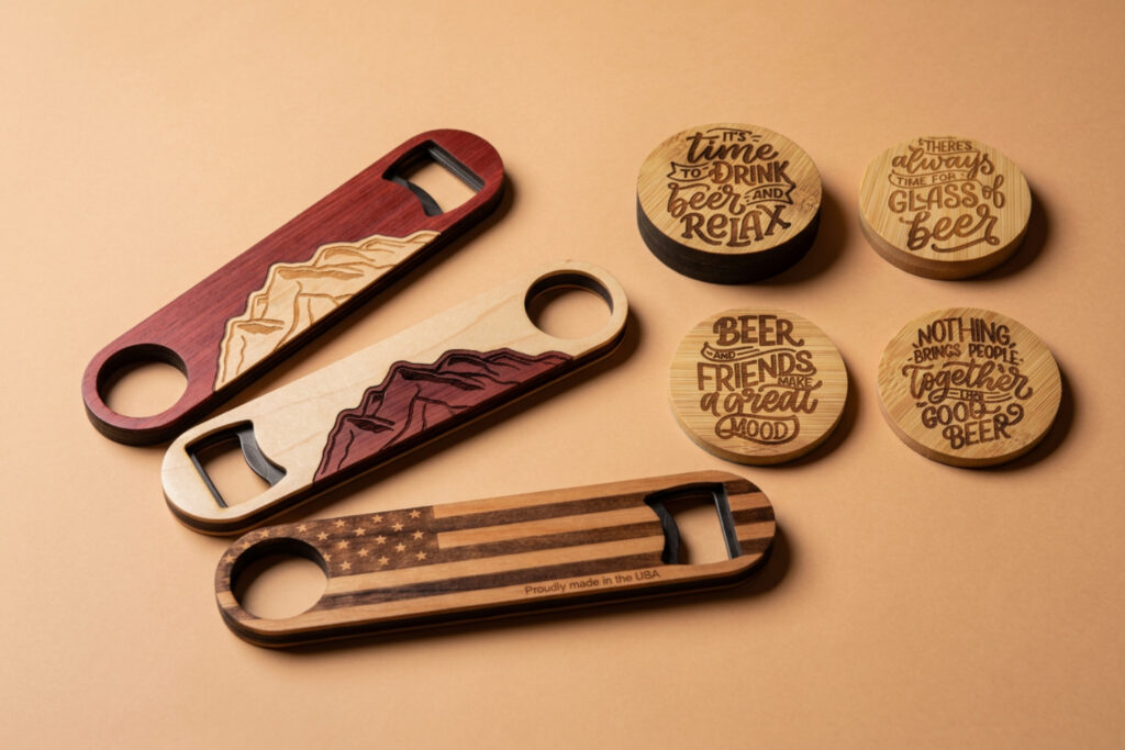 Three wooden bottle openers and four engraved wooden coasters with beer-related phrases, a mountain, and an American flag design on a tan background.