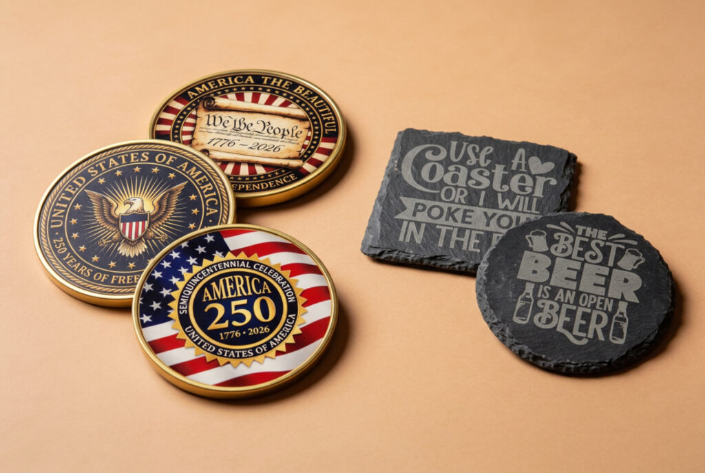 Four drink coasters—three with American patriotic designs, one with humorous beer text—are arranged on a tan surface.