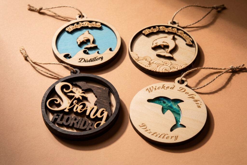 Four wooden ornaments with dolphin designs and “Wicked Dolphin Distillery” or “Strong Florida” text, displayed on a tan surface with string loops attached.