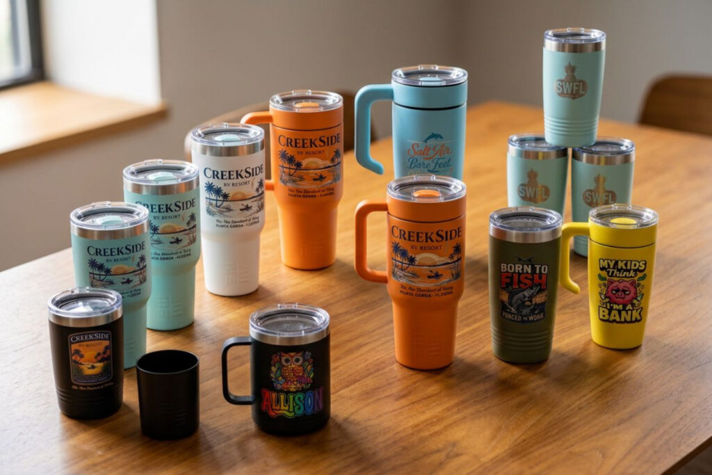 Assorted travel mugs and tumblers with various designs and colors arranged on a wooden table near a window.