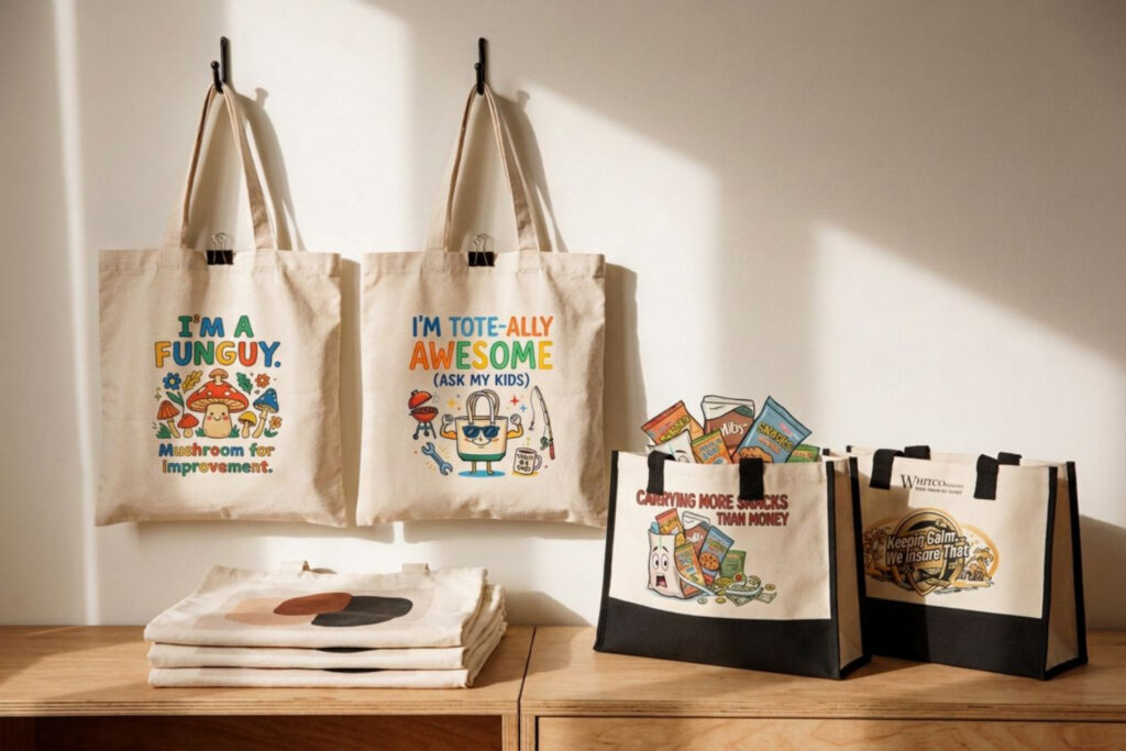 Four reusable tote bags with colorful illustrations and text hang or sit on wooden shelves. Two canvas totes hang on hooks; two larger totes, one filled with groceries, sit below.
