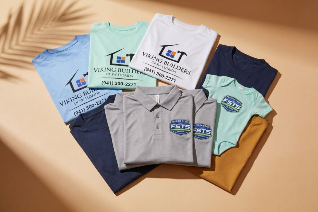 Assorted branded shirts and a baby onesie are neatly arranged on a beige surface, featuring logos for Viking Builders of SW Florida and Florida State Training School.