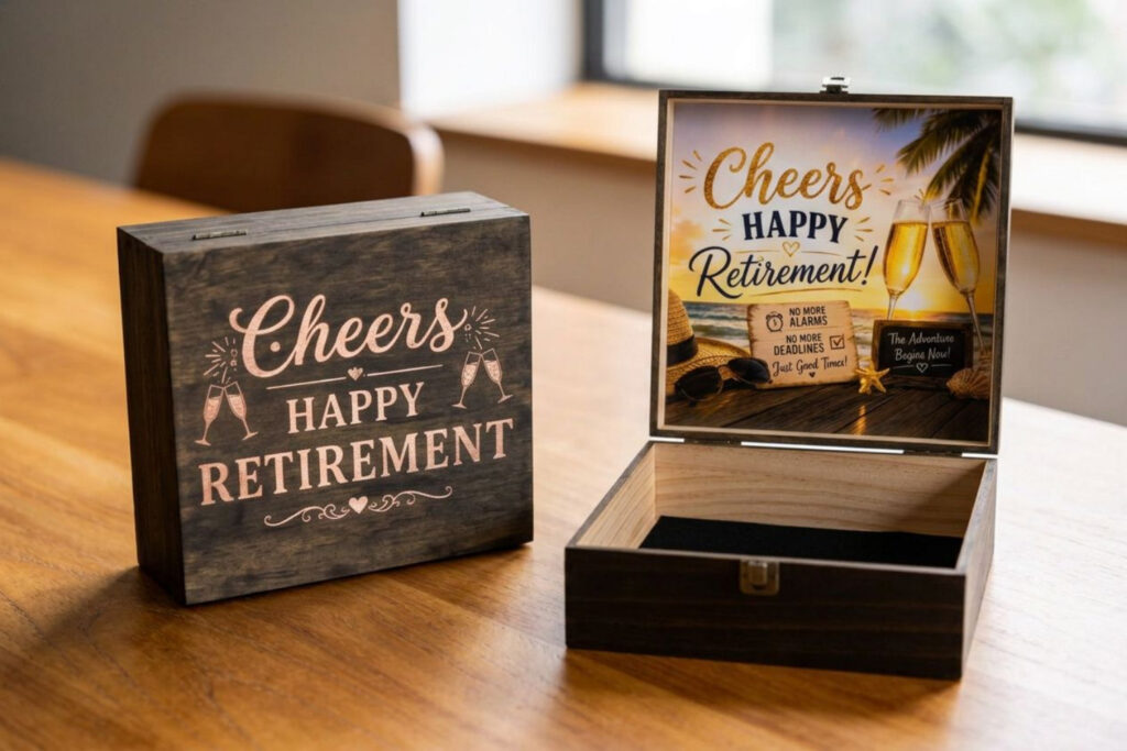 A wooden box with “Cheers Happy Retirement” on the lid sits open on a table, revealing a beach-themed card and empty interior. Another identical closed box is beside it.