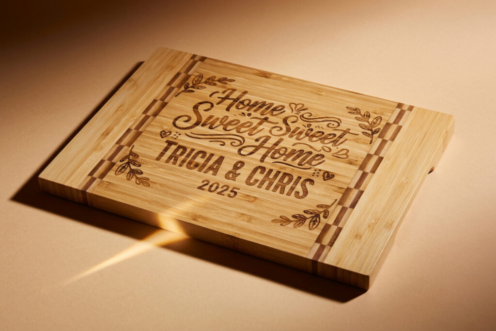 A wooden cutting board engraved with the phrase “Home Sweet Sweet Home” and the names “Tricia & Chris 2025,” surrounded by a decorative leaf and heart border.