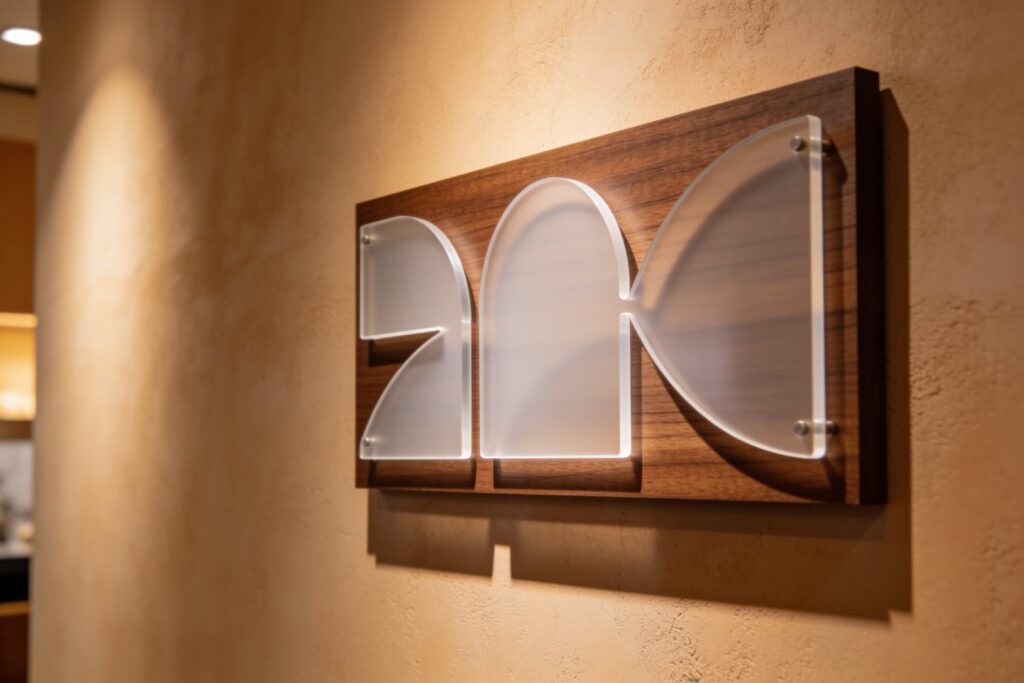 A modern wall sign with abstract shapes featuring a translucent design mounted on a wooden plaque, displayed against a beige textured wall.