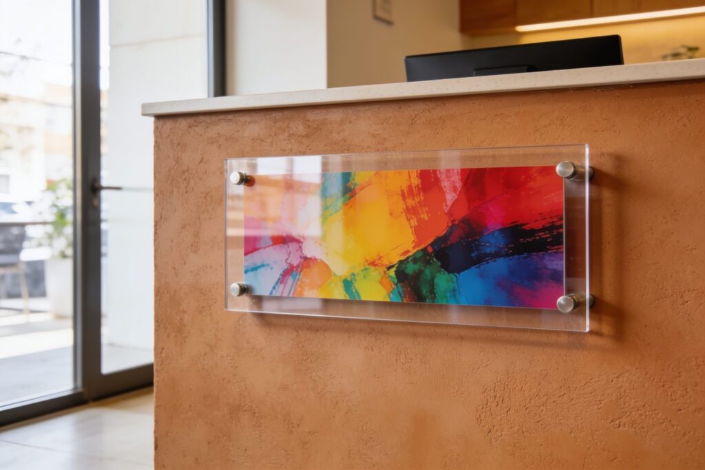 A colorful abstract painting is mounted on a brown textured wall below a light-colored reception desk in a modern indoor setting.