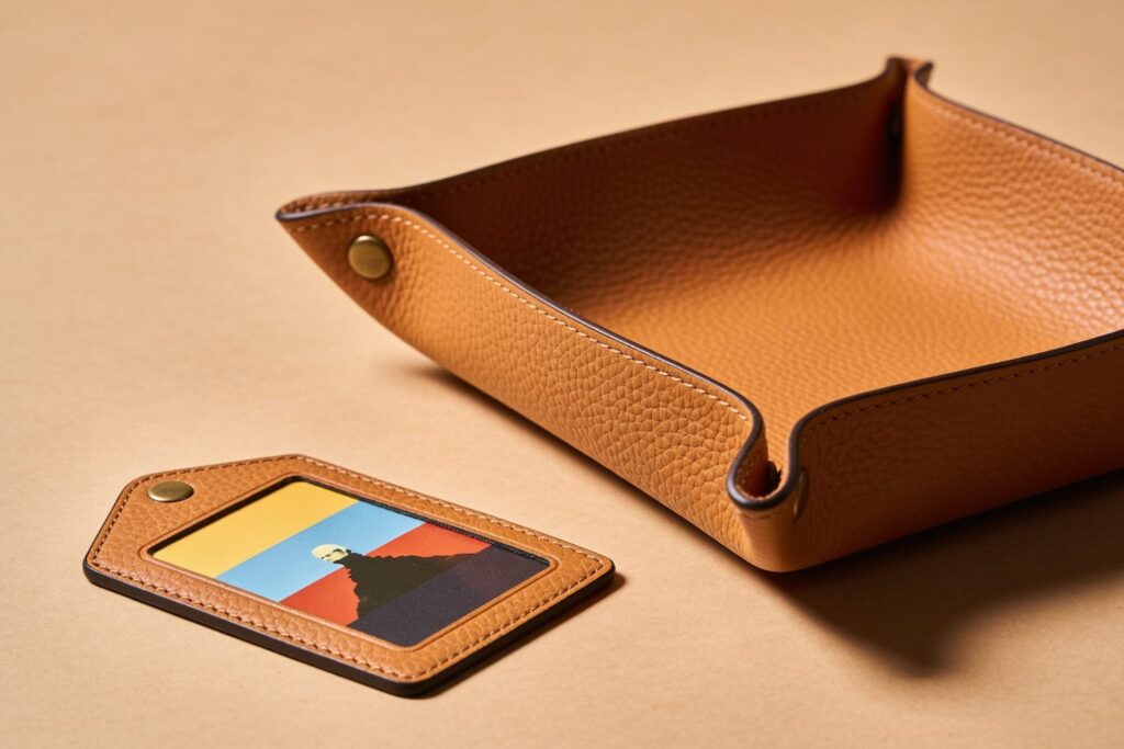 A brown leather valet tray sits next to a matching leather tag with a colorful geometric design on a beige surface.